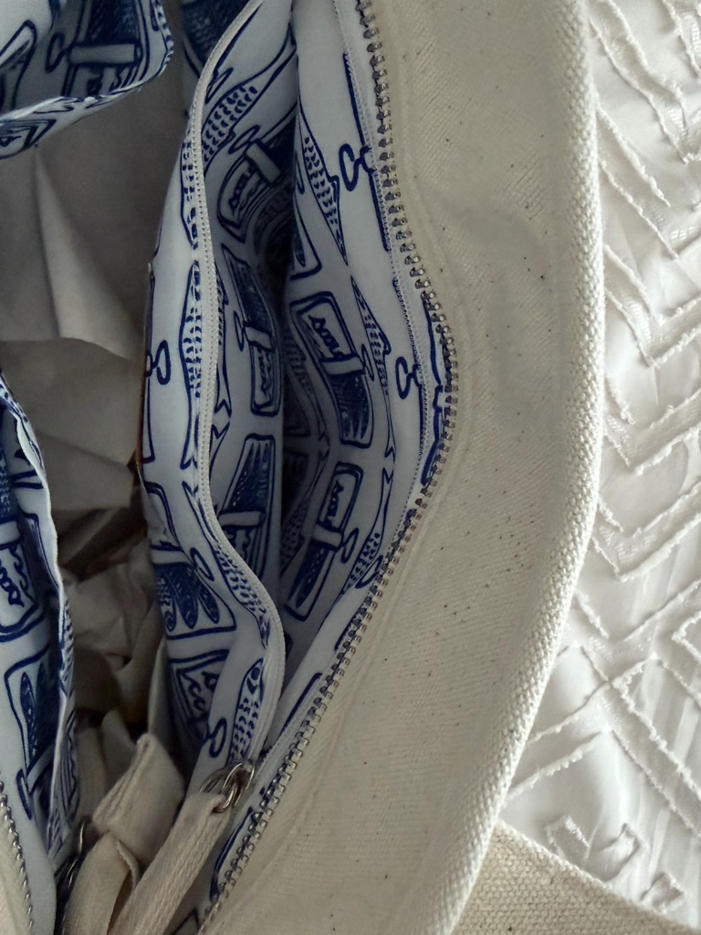 C&C California Embroidered Fish Canvas Tote in Natural with Blue Accents - Picture 7 of 8
